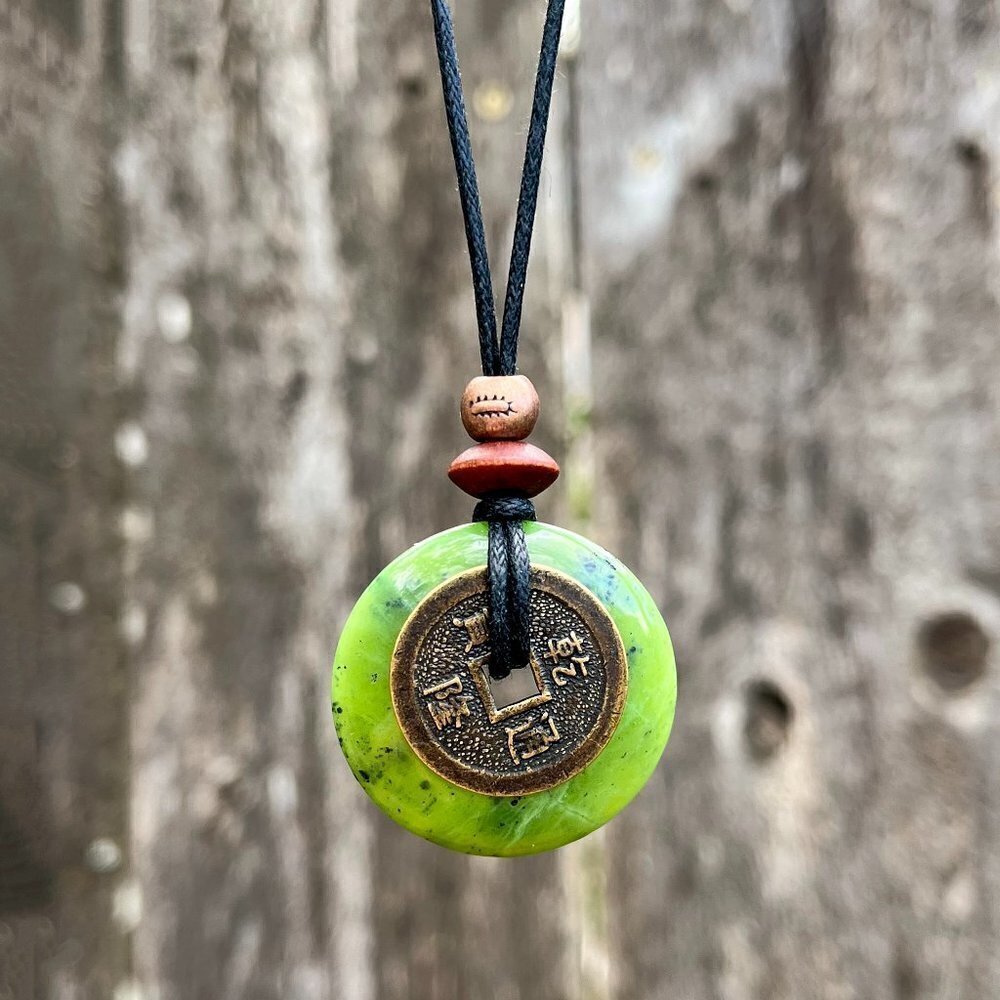 Green Canadian Jade Lucky Coin Pendant Necklace | Handmade - Picture 4 of 6